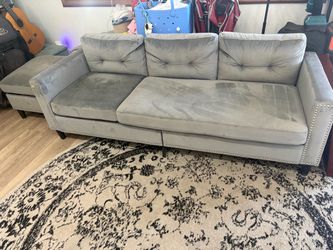 Gray Velvet Couch/Sofa with storage ottoman