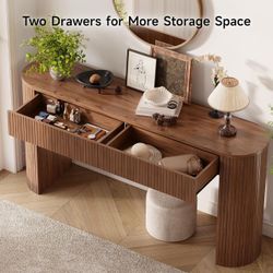 63 Inch Console Table with 2 Drawers, Entryway Tables with Storage Fluted Sofa Table Behind The Couch, Hallway Tables, Mid-Century Modern Foyer Table 