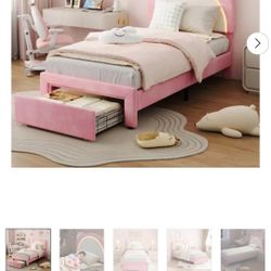 IDEALHOUSE Twin XL Size Bed Frame for Kids with LED Lights, Storage Drawers & Adjustable Headboard, Cute Bear Design, Soft Velvet Fabric, Solid Wood S