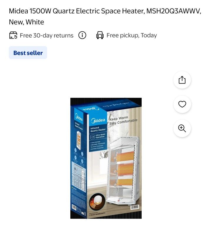 Midea 1500W Quartz Electric Space Heater, MSH20Q3AWWV,