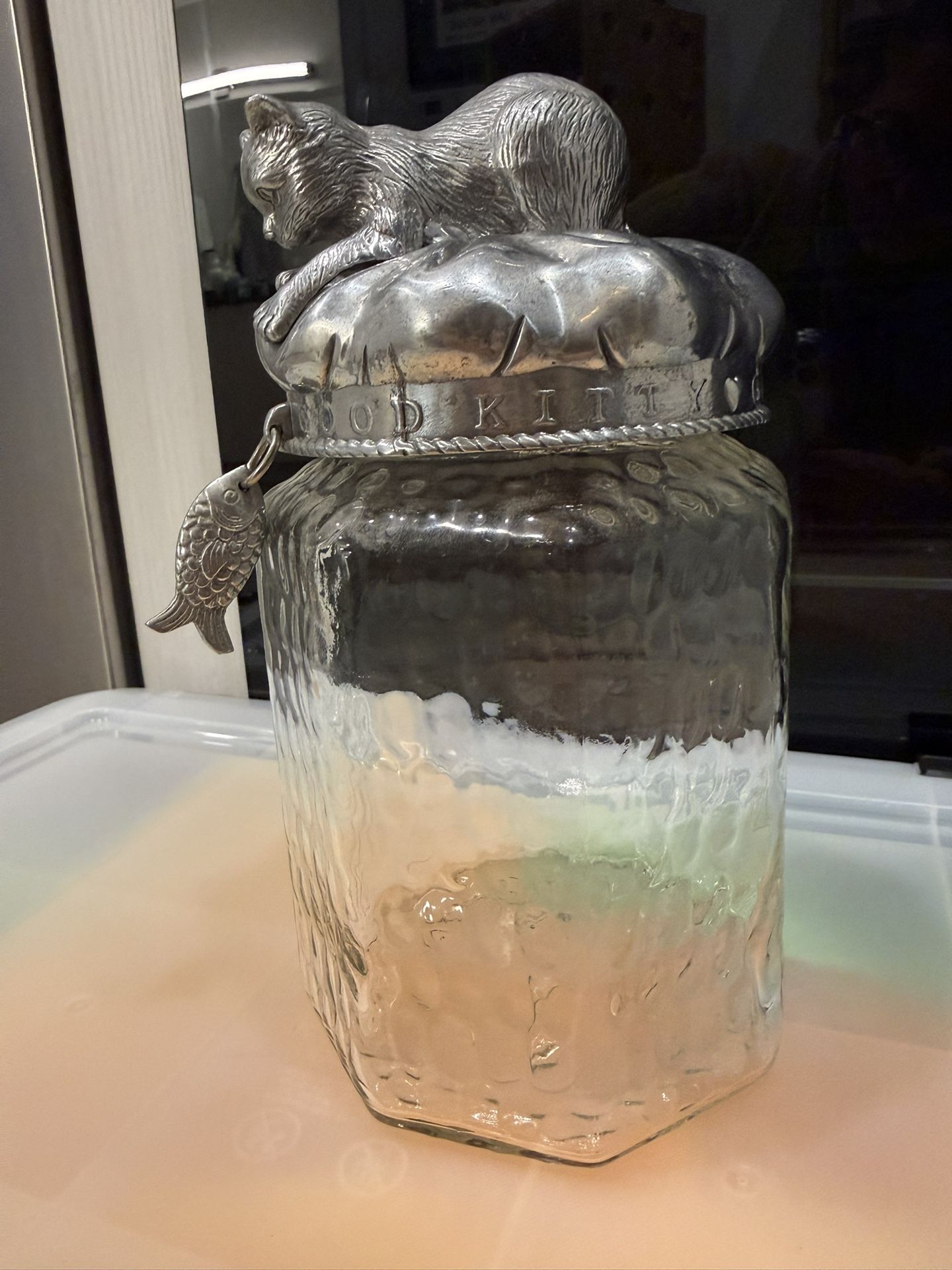 Arthur Court Cat Cookie Jar Good Kitty Treat Glass Canister Kitten Fish Excellent
