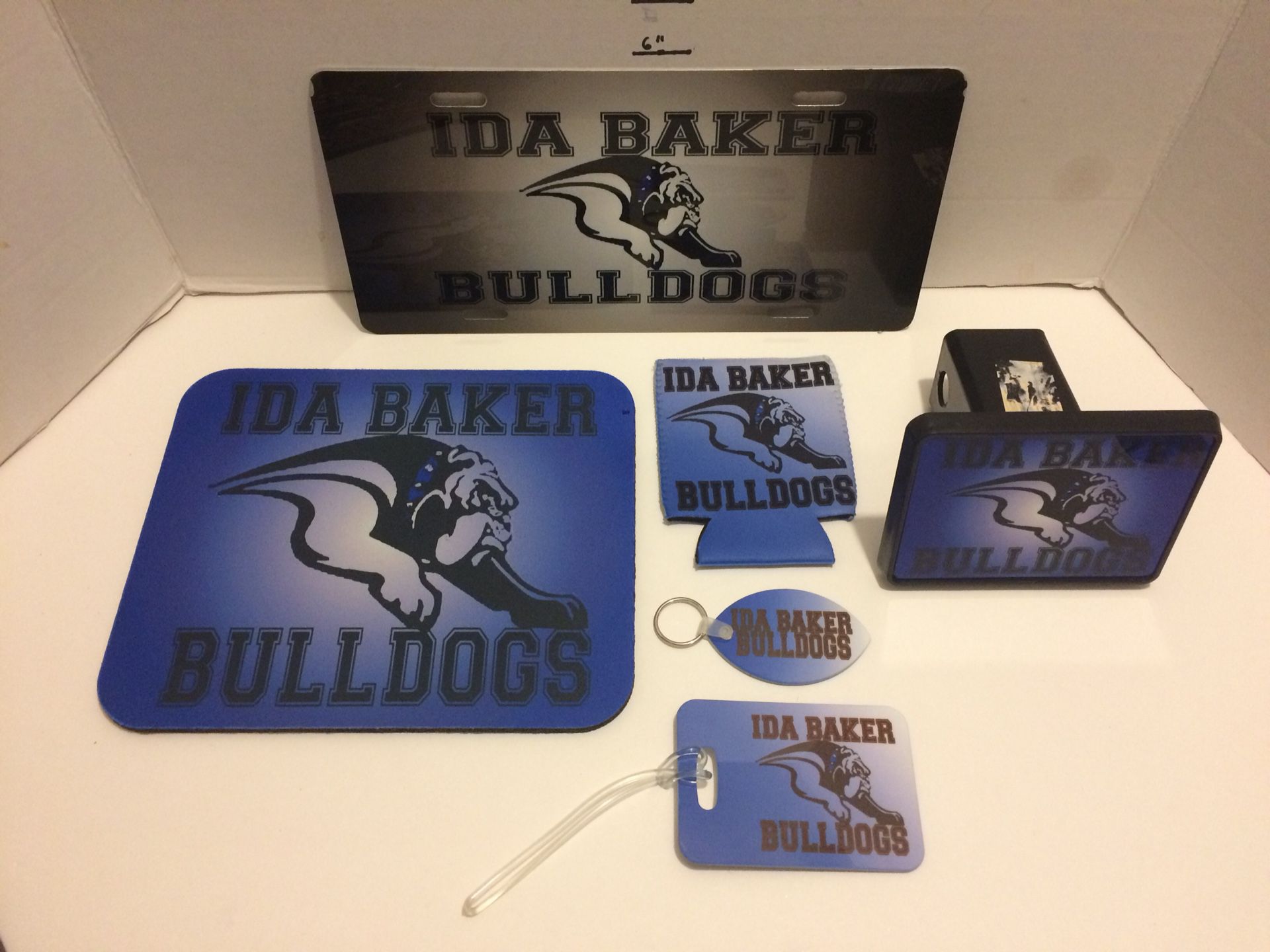 Ida baker HS bulldogs lot of 6 items keychain license plate mouse pad can koozie luggage tag