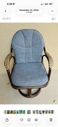 Swivel Rattan Chair w/ Gray Cushions NEW $50 - 34”H x 21” W Measurements in pics