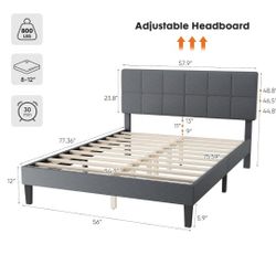 Full Bed Frame, Platform Bed Frame with Headboard Adjustable & Linen Fabric Upholstered Headboard, No Box Spring Needed, Easy Assembly, Full/Grey