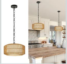 9"-52" Height Adjustable Farmhouse Chandelier Light Fixture, 1-Light Rattan Boho Chandeliers for Dining Room, Hand Woven Pendant Light with Linen Shad