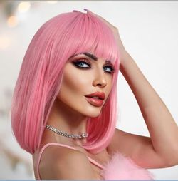 Pink Wigs for Women Short Synthetic Bob Wig with Bangs Glueless Shoulder Length Apple Cut Colorful Cosplay Wig for Girls Daily Party and Halloween Cos