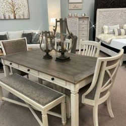 Bolanburg Antique White/Oak Dining Room Set Piece (Table+4 Side Chairs+Bench)🚛Same Day Delivery💳Financing Options