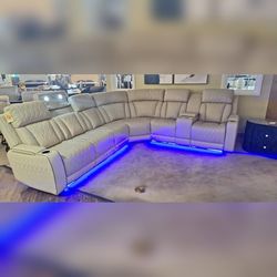 Beige leather Power reclining sectional sofa with LED