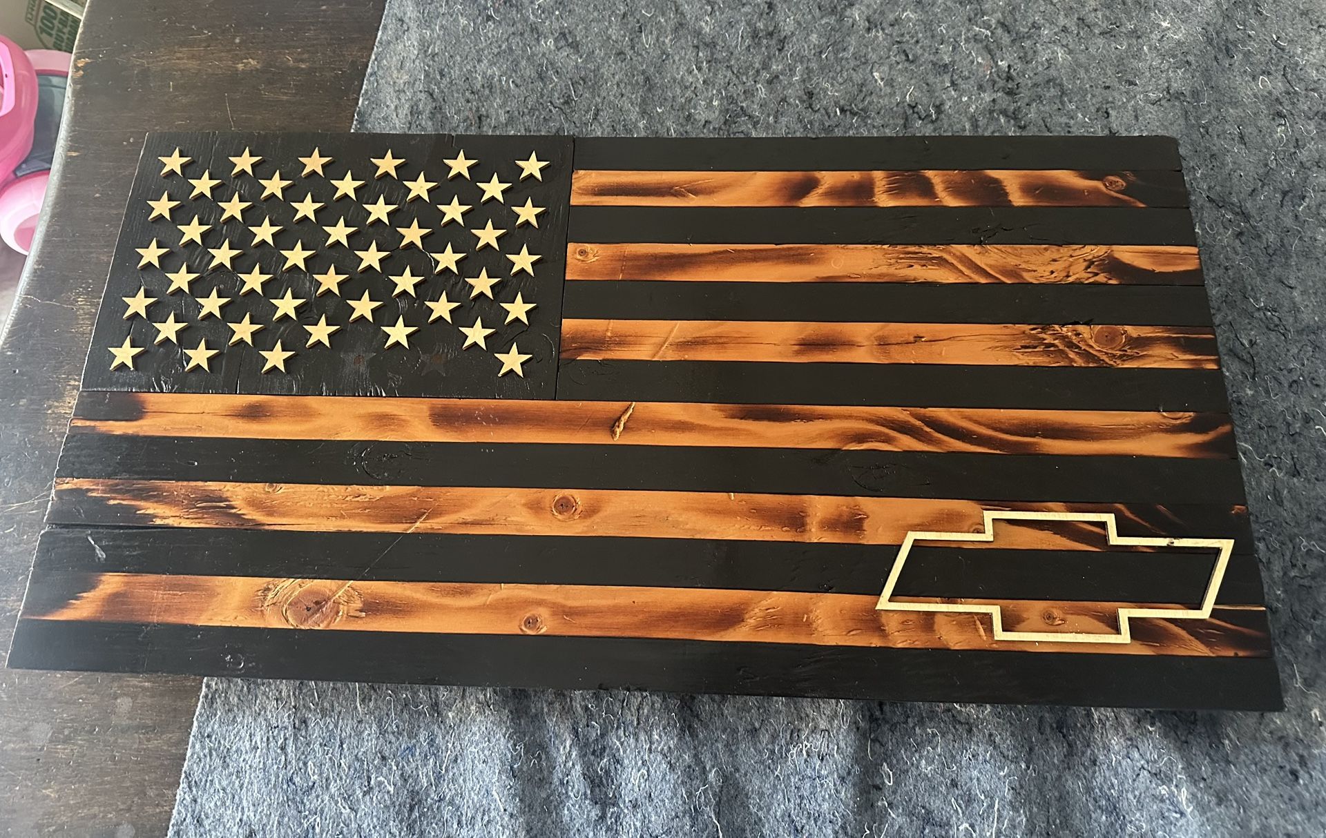 Custom Painted And Hand Burned Wooden Flag With Chevy Logo