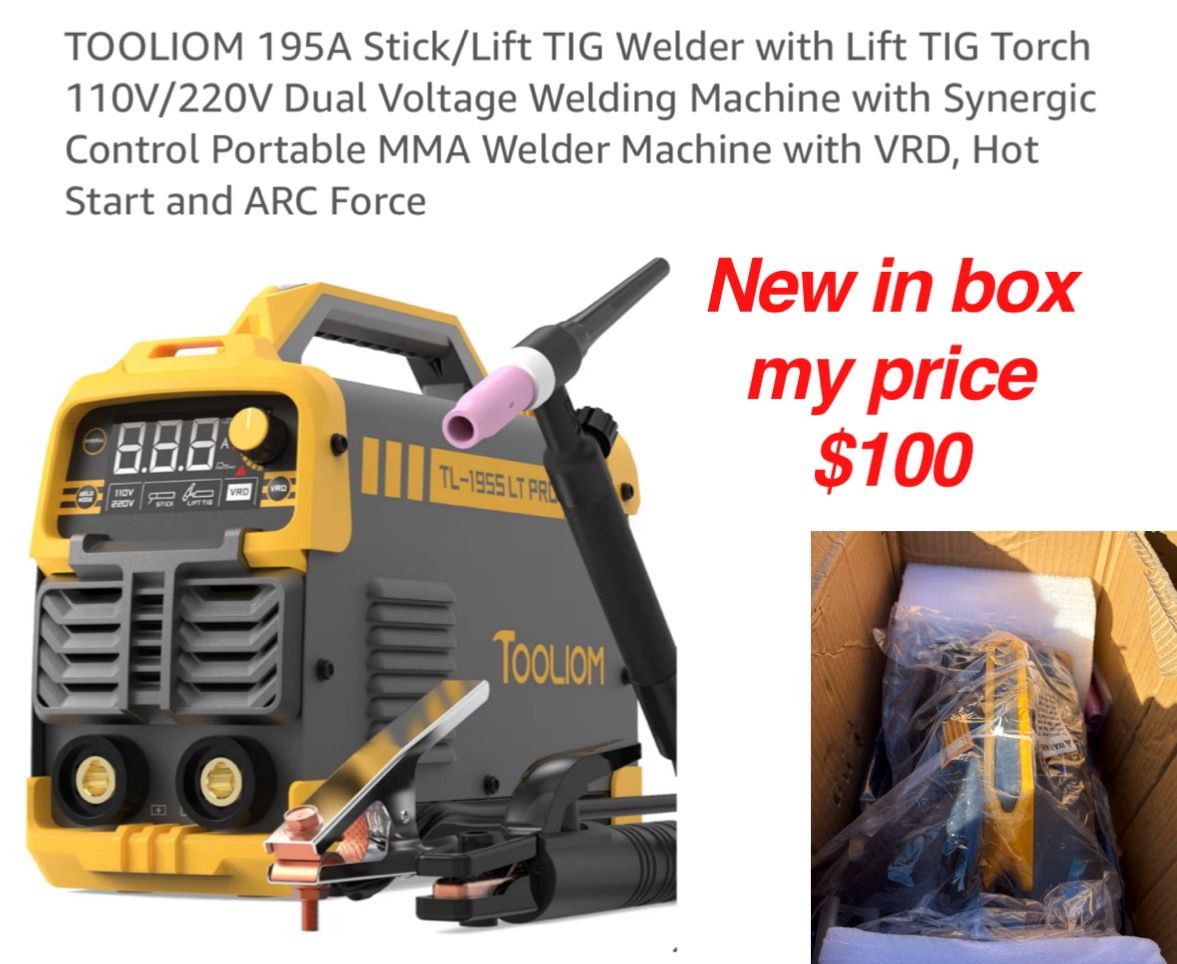 New in box TOOLIOM 195A Stick/Lift TIG Welder with Lift TIG Torch 110V/220V Dual Voltage Welding Machine with Synergic Control Portable MMA Welder Mac