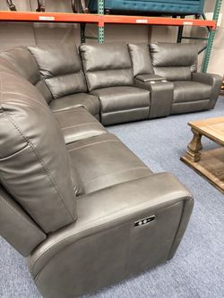 Gray Leather Power Reclining Sectional Sofa