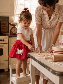 Vintage 60s Little Girl Red kids Apron with Kitten Appliqué Cat