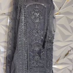 Grey Fabric Net Pakistani Dress 3 Pc Size Medium Embroidered Design Brand New