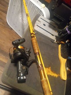 Vintage wright mcgill 8 half ft granger heavy duty spincast  pole and Shimano mark 3 reel with fighting drag awesome set up for kings in the rivers 10