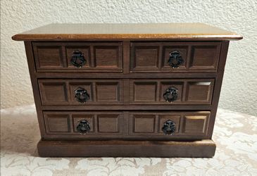 Jewelry Box Wooden 4 Drawer Blue Felt Lined Mini Dresser Style Vintage No Music