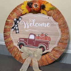 Handmade Fall Wreath Door Or Wall Hanging Decoration With Red Truck With Pumpkins In The Back  It Says “welcome” I 