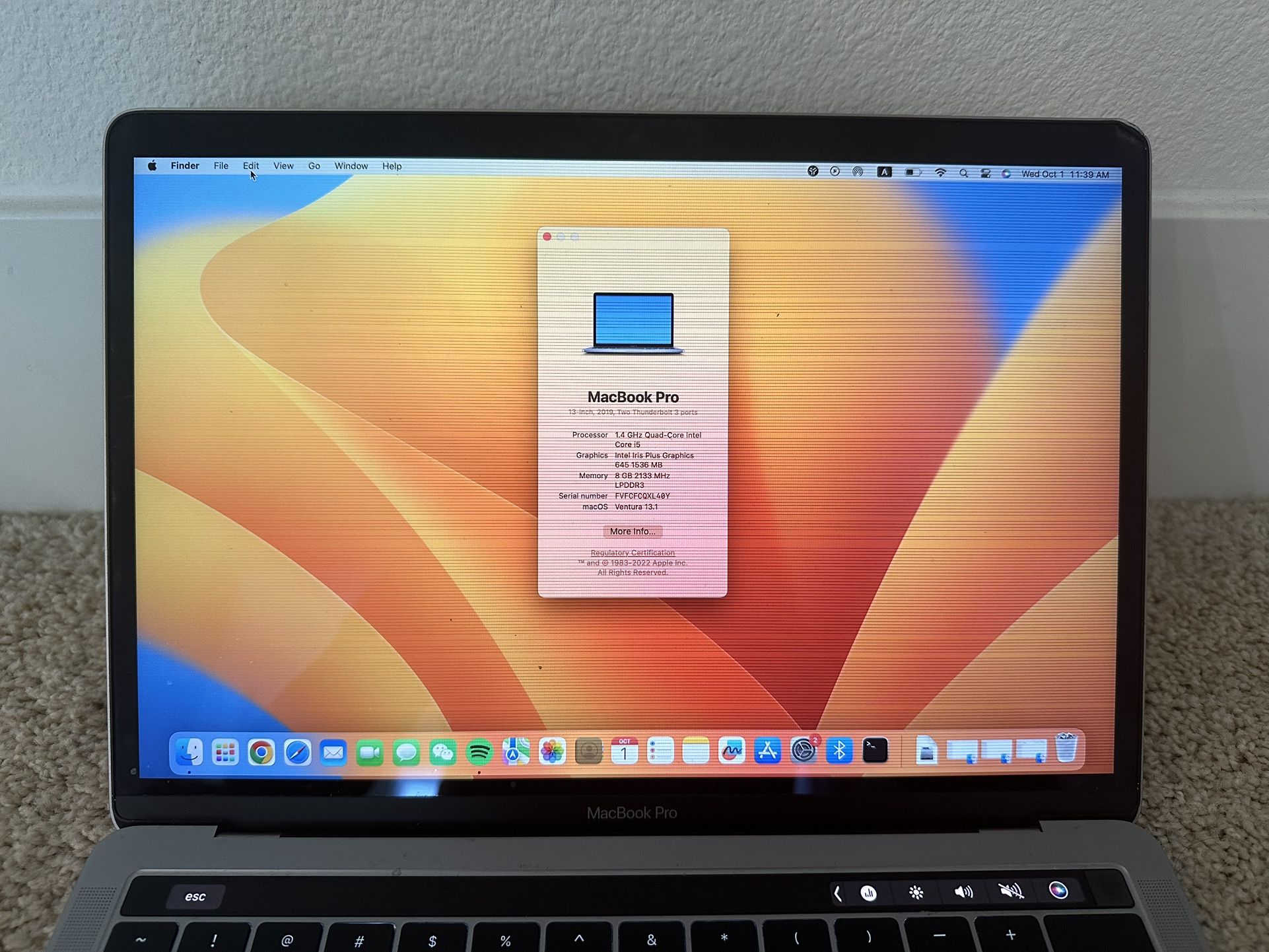 For Parts Apple 2019 MacBook Pro with 2.4 GHz, i5, 13.3-inch, 8GB RAM, 256GB SSD