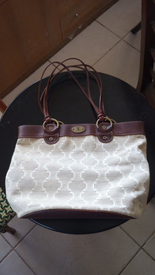 celine hand tote bag macadam logo embroidery canvas leather beige brown Vintage 