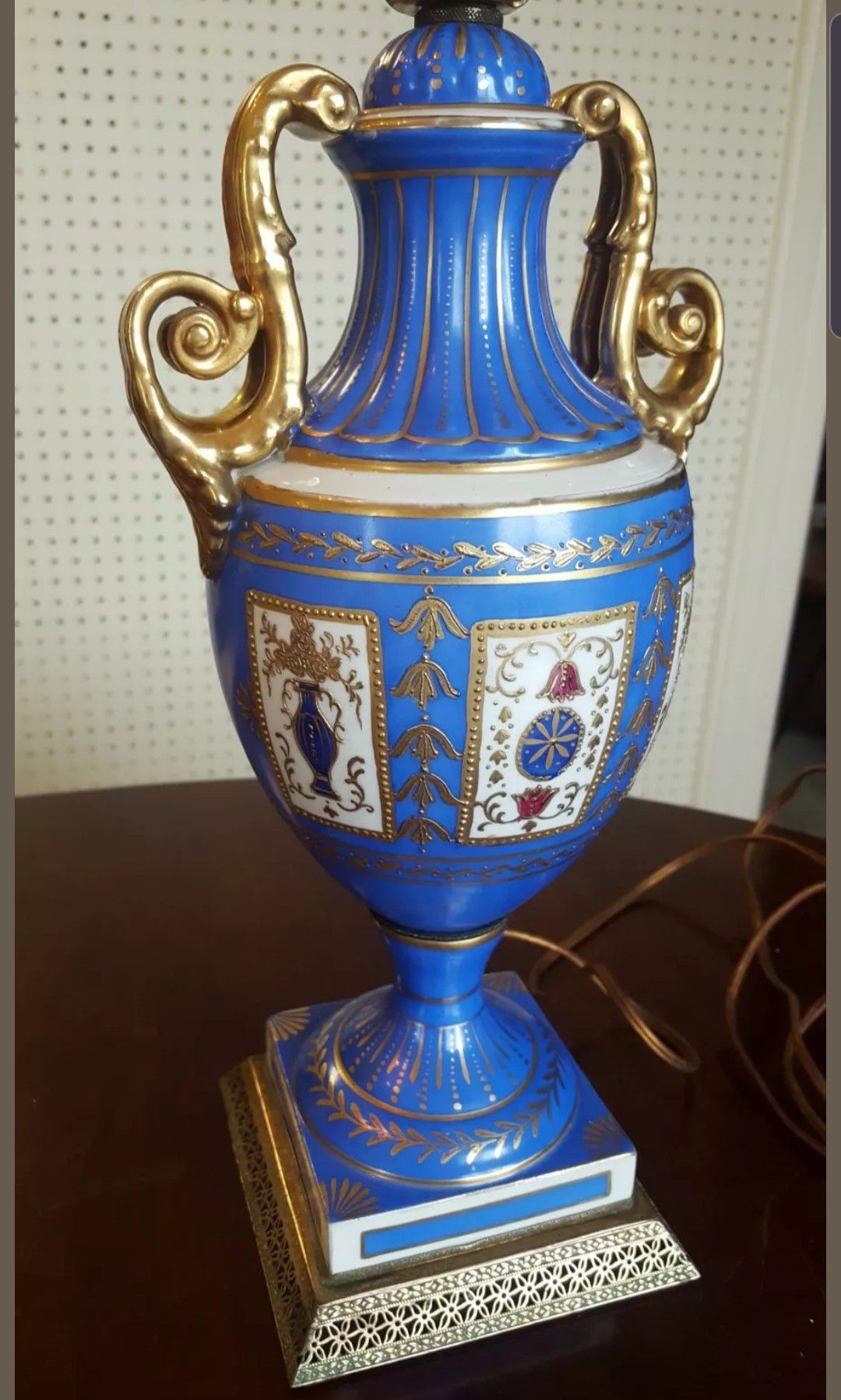 Antique 19th c. German Schmidt Porcelain footed Urn table Lamp Hand Painted Brass Blue
