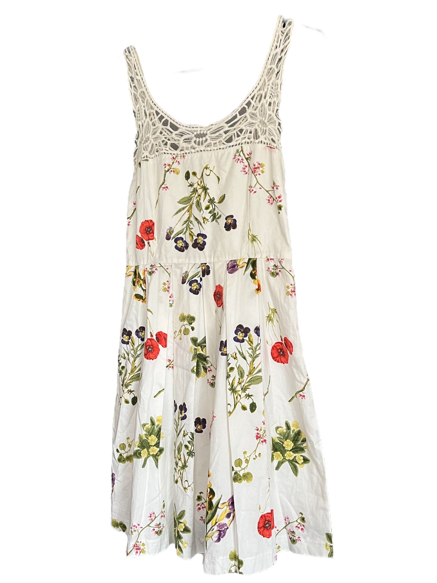 BB Dakota Dress White Floral Sundress Size 6 100% Cotton Fitted & Flare. Girlycore cottage ore Lined Pleated Zipper on Side Crochet Detail on Top Gor