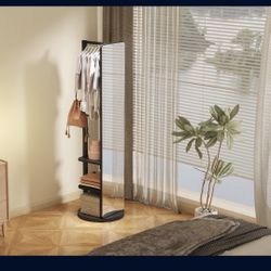 360° Rotating 69x16 Multifunctional Full Length Mirror with Hook Storage Rack Coat Rack with Mirror Solid Wood Floor Mirror Bedroom Living Room Cloakr