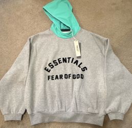 Essentials Fear of God Pullover Hoodie Unisex Gray/Green Logo Fleece, XS