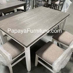 New! 6pcs White Rustic Dining Set, Dinette Set, Kitchen Table And Chairs, Table, Chairs, Bench, Casual Dining Set, Rectangular Dining Table, Dining Ro