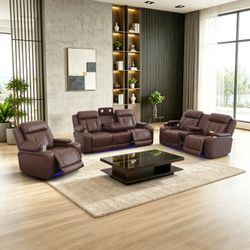Reddish-brown Breathable Semi PU Leather Living Room Multifunctional power Recliner 3-Piece Sofa Set