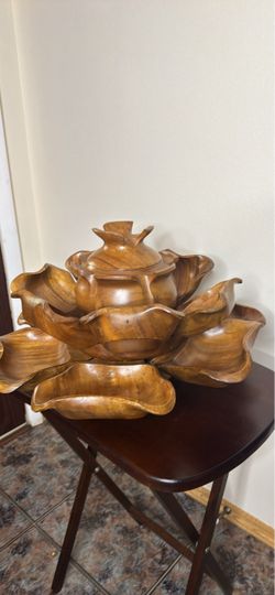 Vintage Monkey Pod Wooden Lotus Flower Serving Set