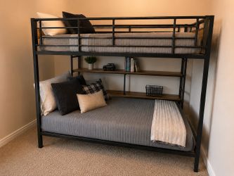 Industrial style Full over twin Bunk Bed with Storage Shelves- Metal & Wood