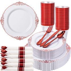 350PCS Red Plastic Plates - White Red Plastic Dinnerware Set for 50 Guests - 100 Red Disposable Plates, 50 Pre Rolled Cutlery Set, 50 Cups Perfect for