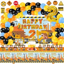 Construction Birthday Party Supplies for 2 Year Old Boy, 139 Pcs Dump Truck Party Decorations for Boys Baby - Backdrop, Balloons, Cupcakes Wrappers, T