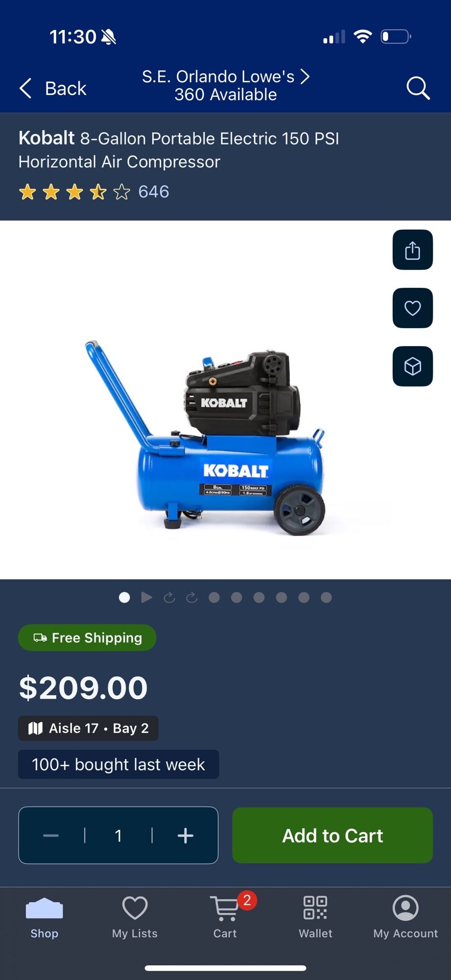 Kobalt 8-Gallon Portable Electric 150 PSI Horizontal Air Compressor