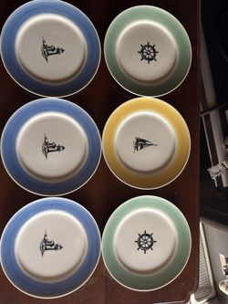 Vintage set of 6 Lauren Ralph Lauren Maritime Stripe 9" plates featuring classic nautical designs.