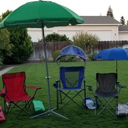 $100 --3 Chairs, 2 Shade Umbrellas- All /w Carry Bags