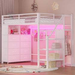 ADORNEVE Twin Size Loft Bed with Storage Stairs, 8 Drawers, Metal Kids Loft Bed Twin with LED Lights, Power Outlet, Shelves and Wardrobe, 13" H Safety
