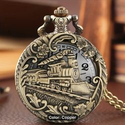   Vintage  Steampunk  Train Pocket Watch With Necklace Pendant 