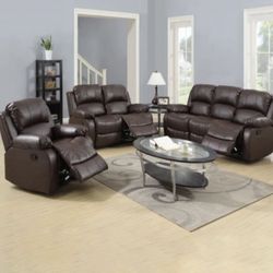 Brown Leather Fully Reclining Three Piece Couch Set 