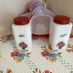 Milk Glass Vintage Flour & Sugar Jars / Bowl Set