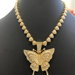 New Goldtone butterfly pendant heart chain necklace and heart chain bracelet