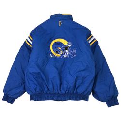 PRO PLAYER ST LOUIS RAMS PUFFER JACKET MENS XL BLUE HOODIE REVERSIBLE VINTAGE