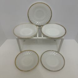 Lot Of 5 Fire King Oven Ware 6” Gold Rim Milk Glass Plates