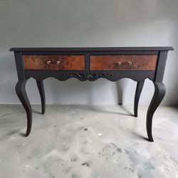 Vintagew Burl Wood Console Table – Black Hollywood Regency Entryway Desk/console