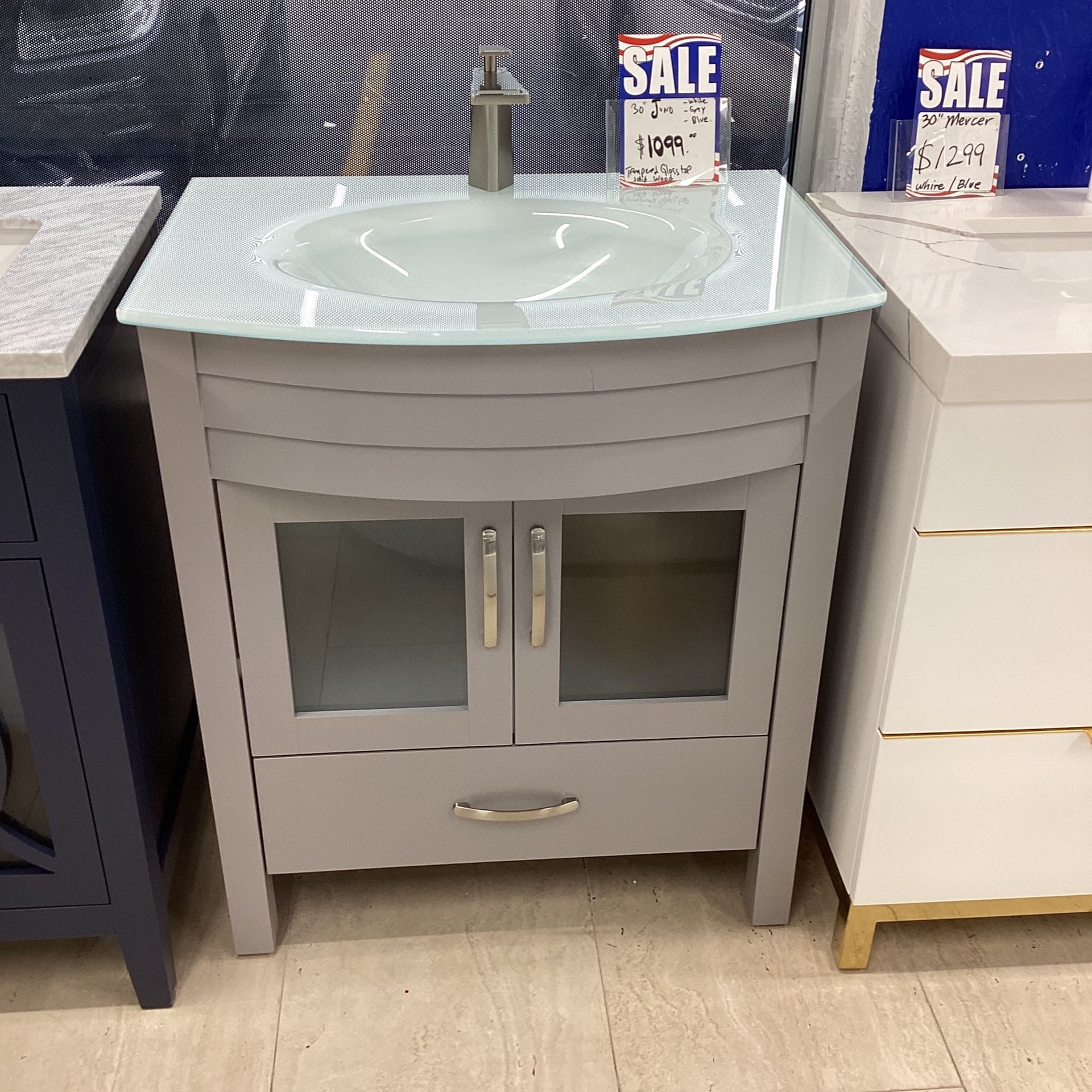 30” Bathroom Vanity Cabinet New Solid Wood Fully Assembled With Softclose Drawers Doors Tempered Glass Top With Sink Ready For Pick Up