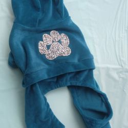 Blue Green Velvet Dog Hoodie Outfit W Pink Harness 