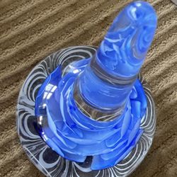 Art Glass Ring Holder Paperweight Blue Rose