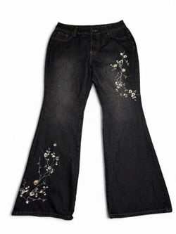 Y2K Vintage Japanese Denim Black Stone Wash Jeans Baggy Women’s Floral Embroidered Flare USA Made 90s Chic - Size 32” Inseam 32” #mallgoth #cybergrung