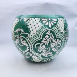 Green Talavera-Style Ceramic Planter Pot