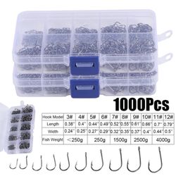 1000Pcs/Set Saltwater Fishing Circle Hooks Black Carbon Steel Bait Hook With Box