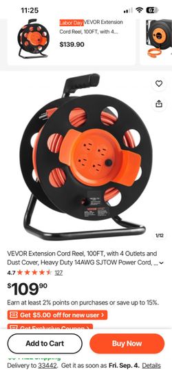 VEVOR 100FT Extension Cord Reel with 4 Outlets